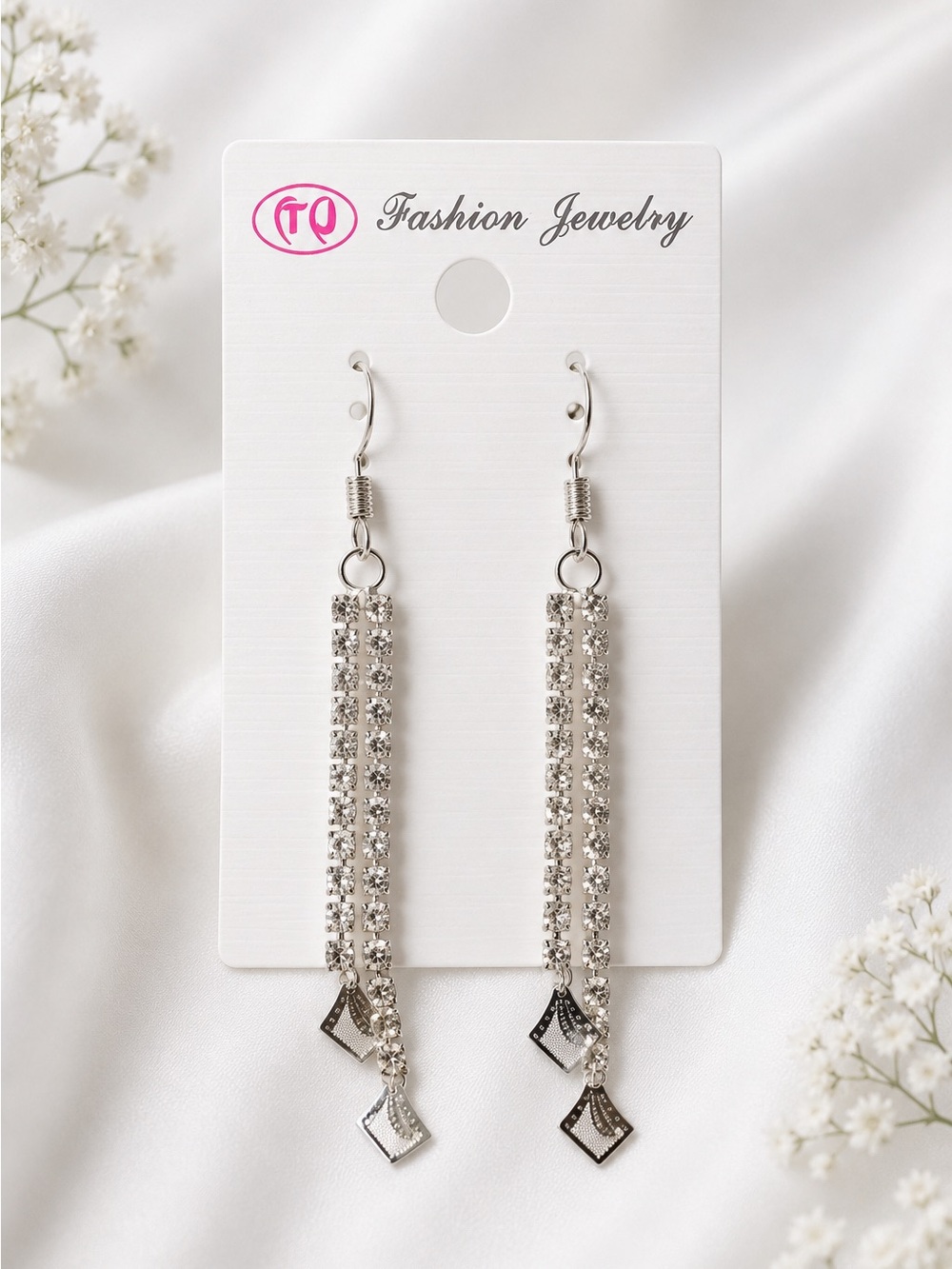 Dangling Rhinestone Earrings‎ Silver Tone Elegant Drop Earrings